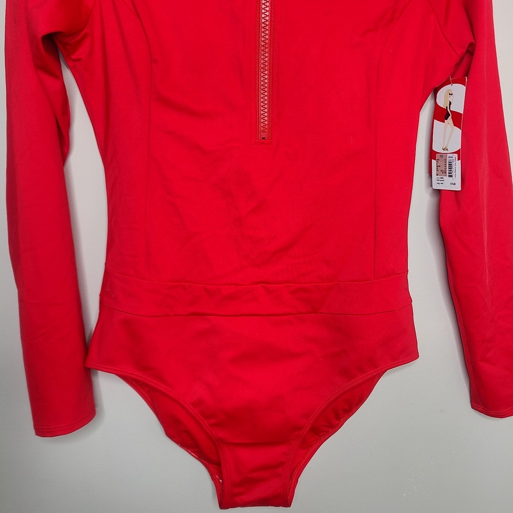 Spanx Long Sleeve One Piece Shaping Swimsuit Red Bathing Suit UPF 50+ Size 12 - Picture 4 of 9